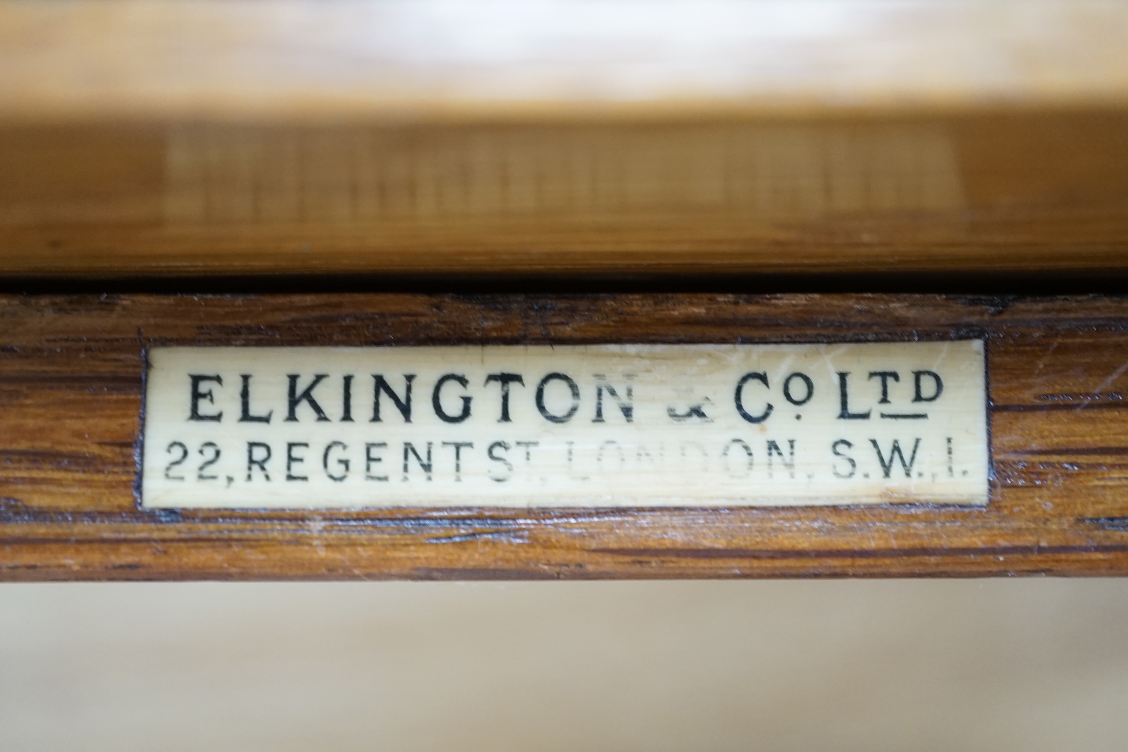 An Elkington & Co plated Old English pattern canteen of cutlery, oak cased, 48cm wide. Condition - fair